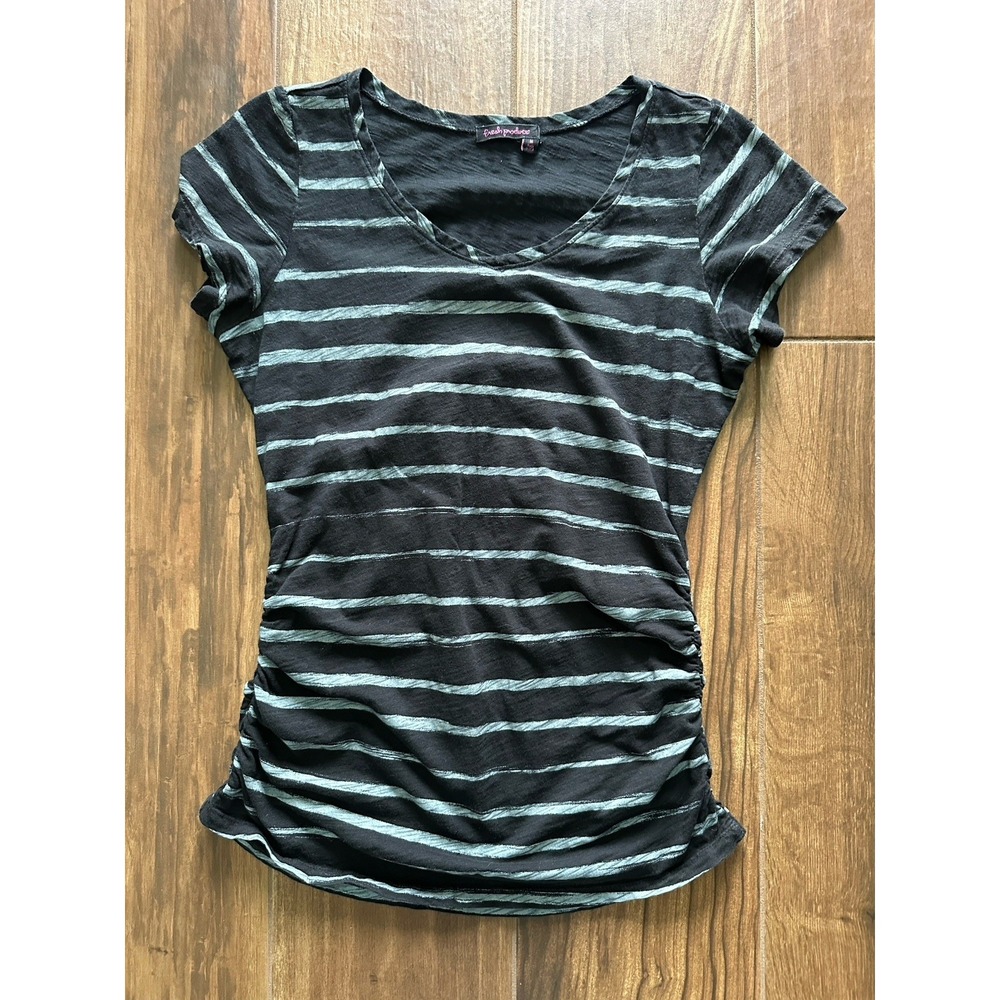 Fresh Produce Top‎ Womens Med Black Striped Knit Ruched Sides Cap Short Sleeve
